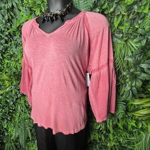 Women Tops 1XL Red Die Washed Bell Sleeve V Neck Boho NWT Farmers Market 0042
